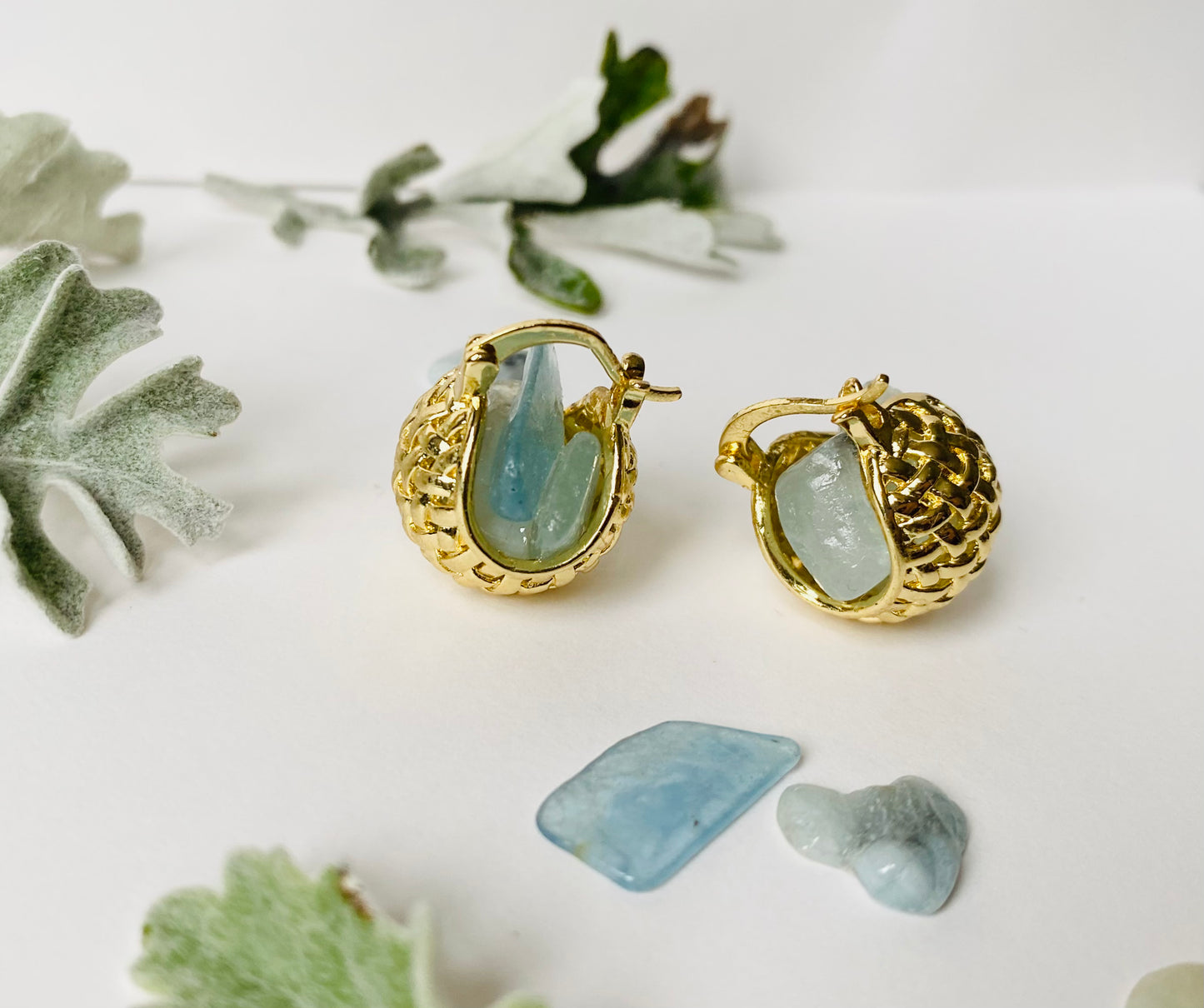 Golden woven mini basket with aquamarine earrings