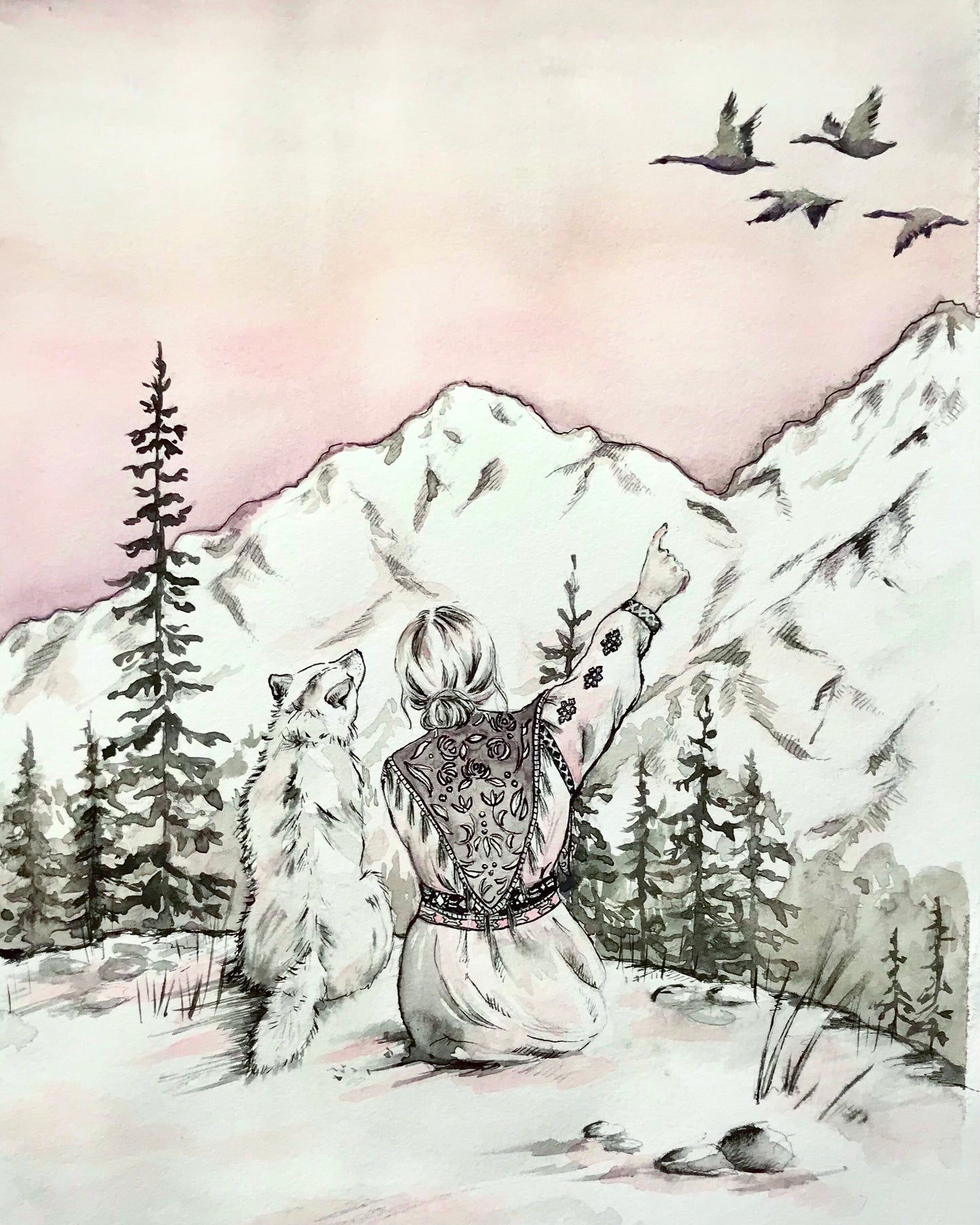 Mountain Echo , original folk art watercolor painting ink drawing print of a woman a wolf on a mountain looking at the landscape