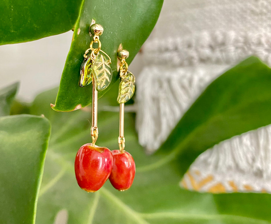 Handmade Red apple cherry fruit berry ceramic and glass drop earrings with glass leaves. Scandinavian nature inspired.