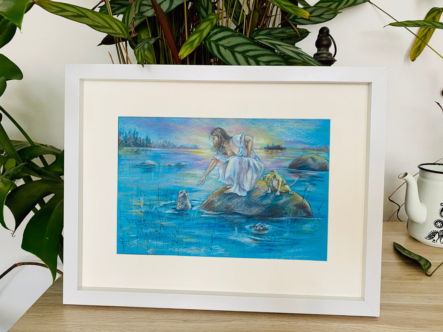 Lake Saimaa, original blue colour pencil drawing of a woman and a dog by a sunset lake in Finland with ringed seals. Original art