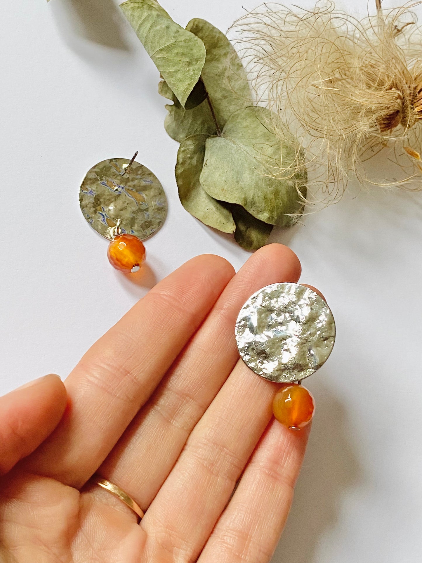 silver plated hammered ethnic disc earrings with orange Carnelian Crystal Beads