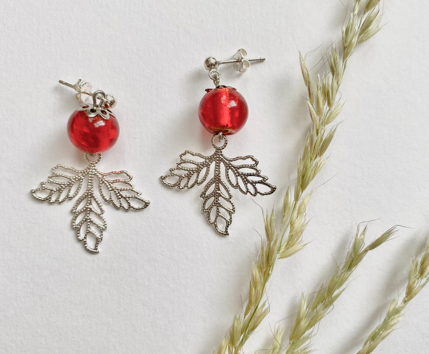 Handmade silver plated lingonberry winter berry glass drop earrings. Christmas gift. Scandinavian nature