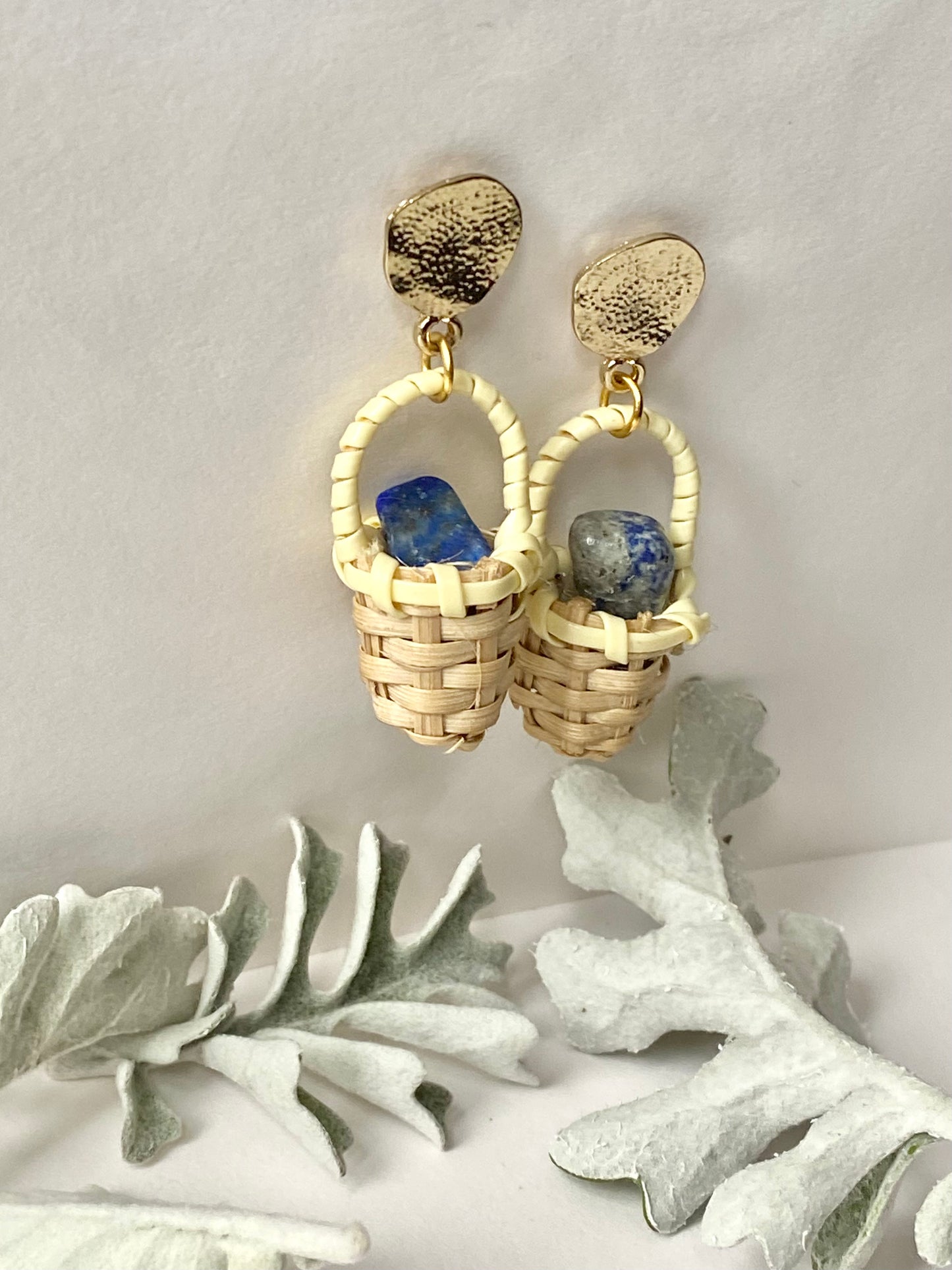 Woven rattan mini basket blue lapis lazuli quirky earrings