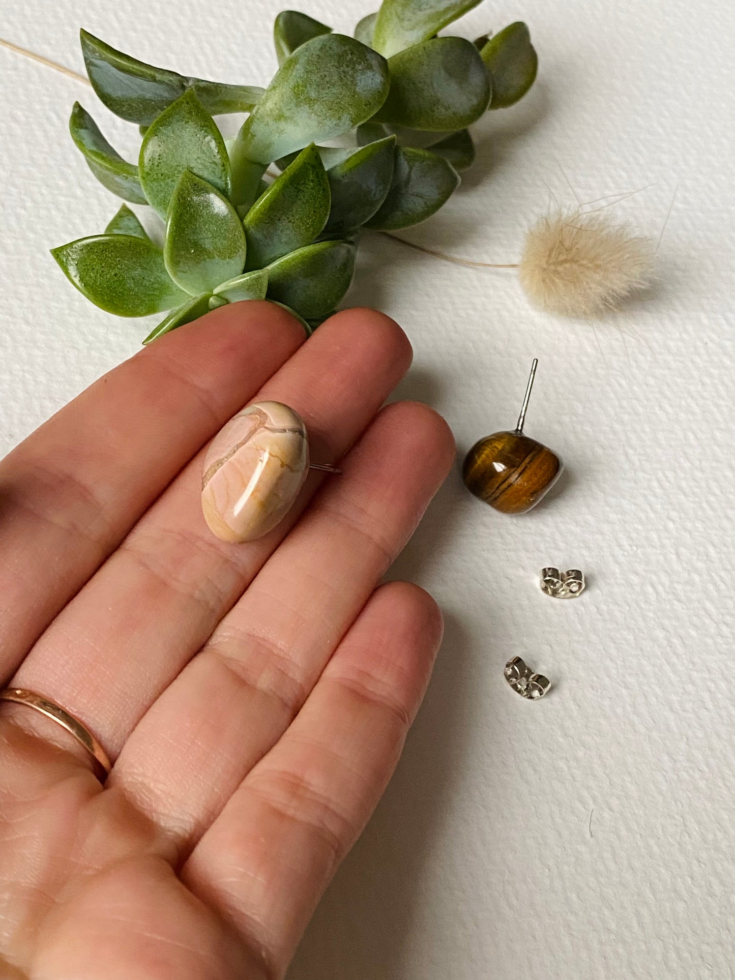 Tiger Eye and Botswana Pink Agate stud crystal ethnic quirky earrings