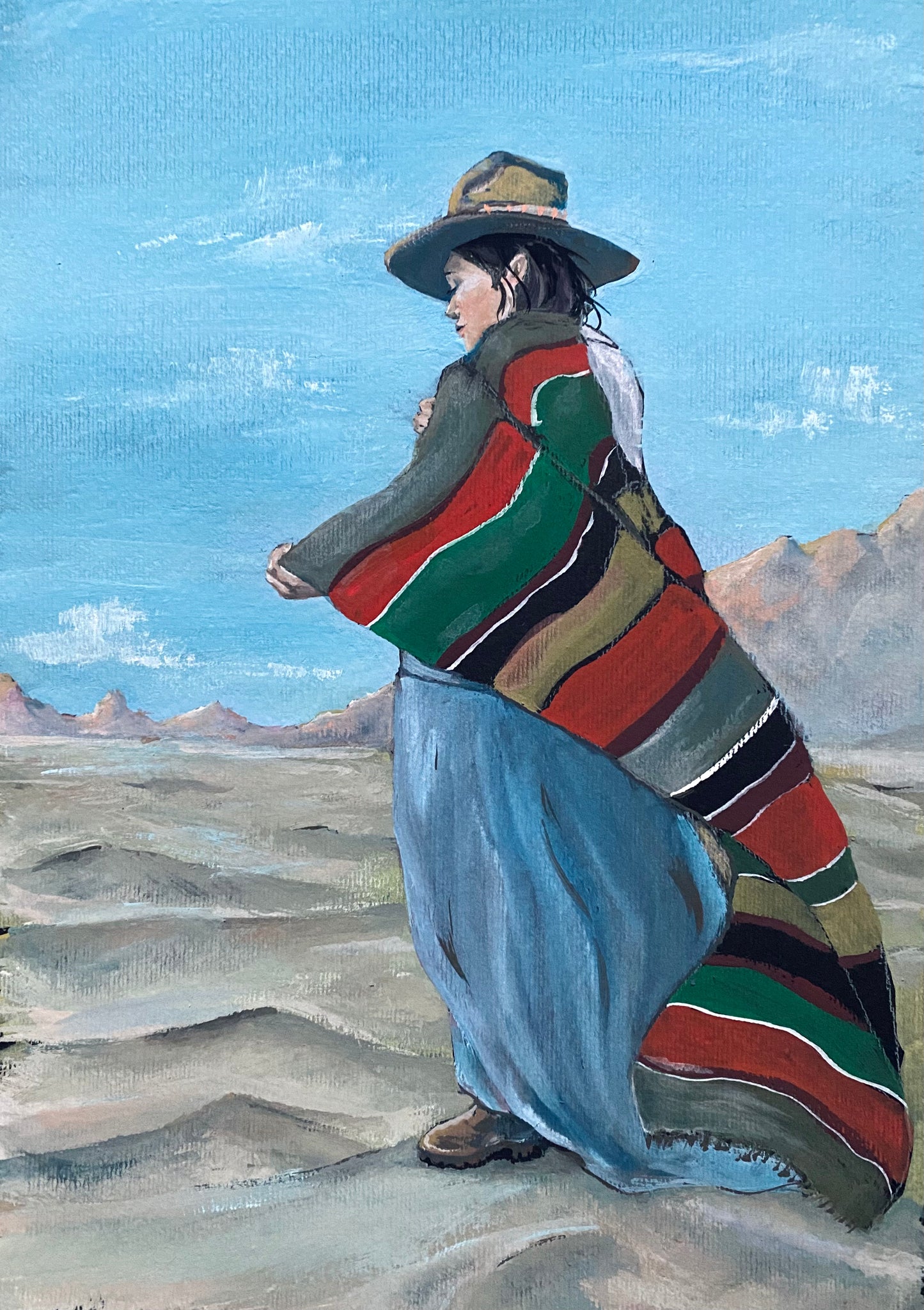 Desert Wind - Desert wind, original gouache fine art painting illustration print of a woman shaman in the desert. Mexican South American folk art