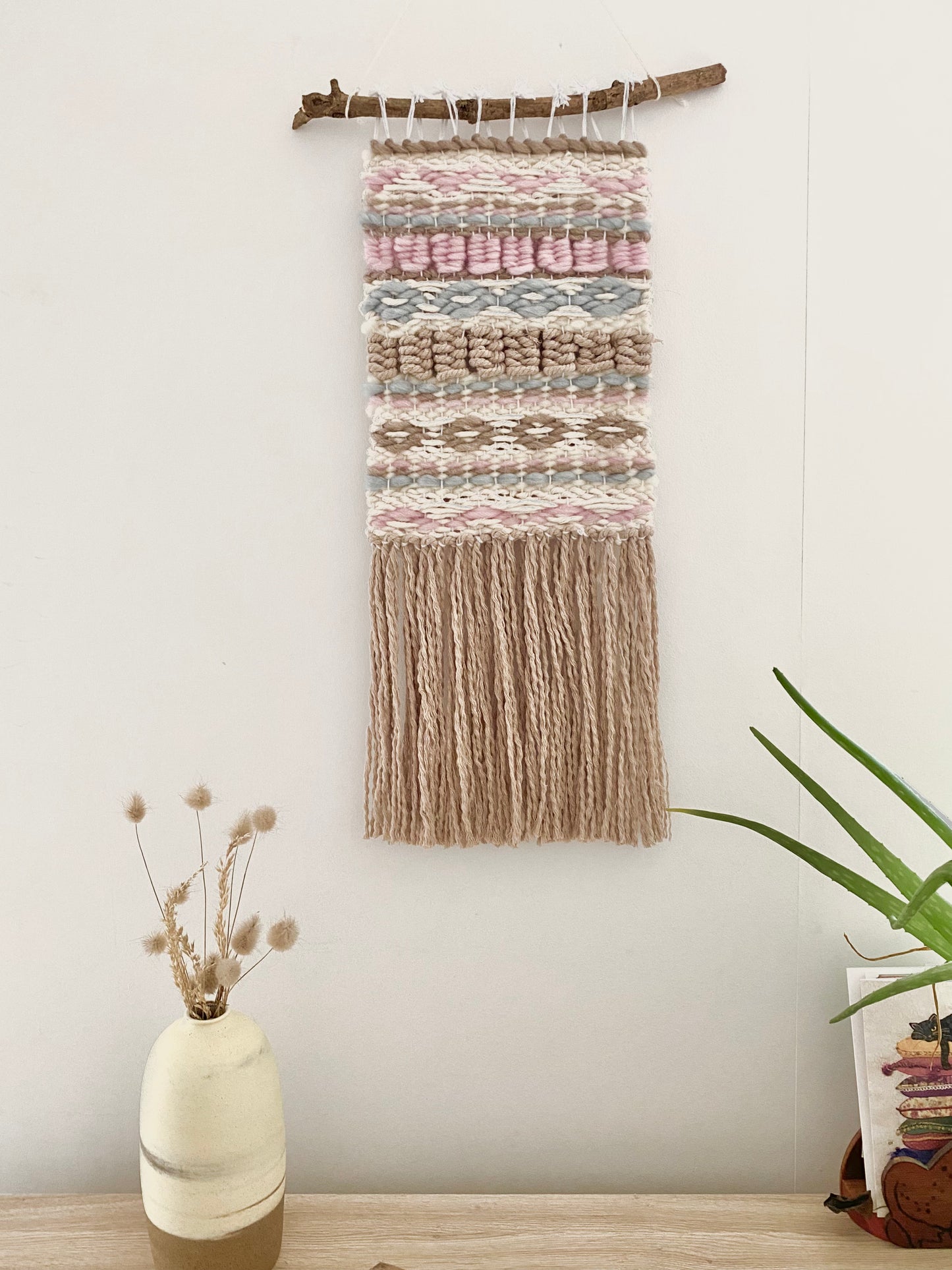 Pastel Folk , cream white blue brown pink folklore tapestry macrame wall hanging