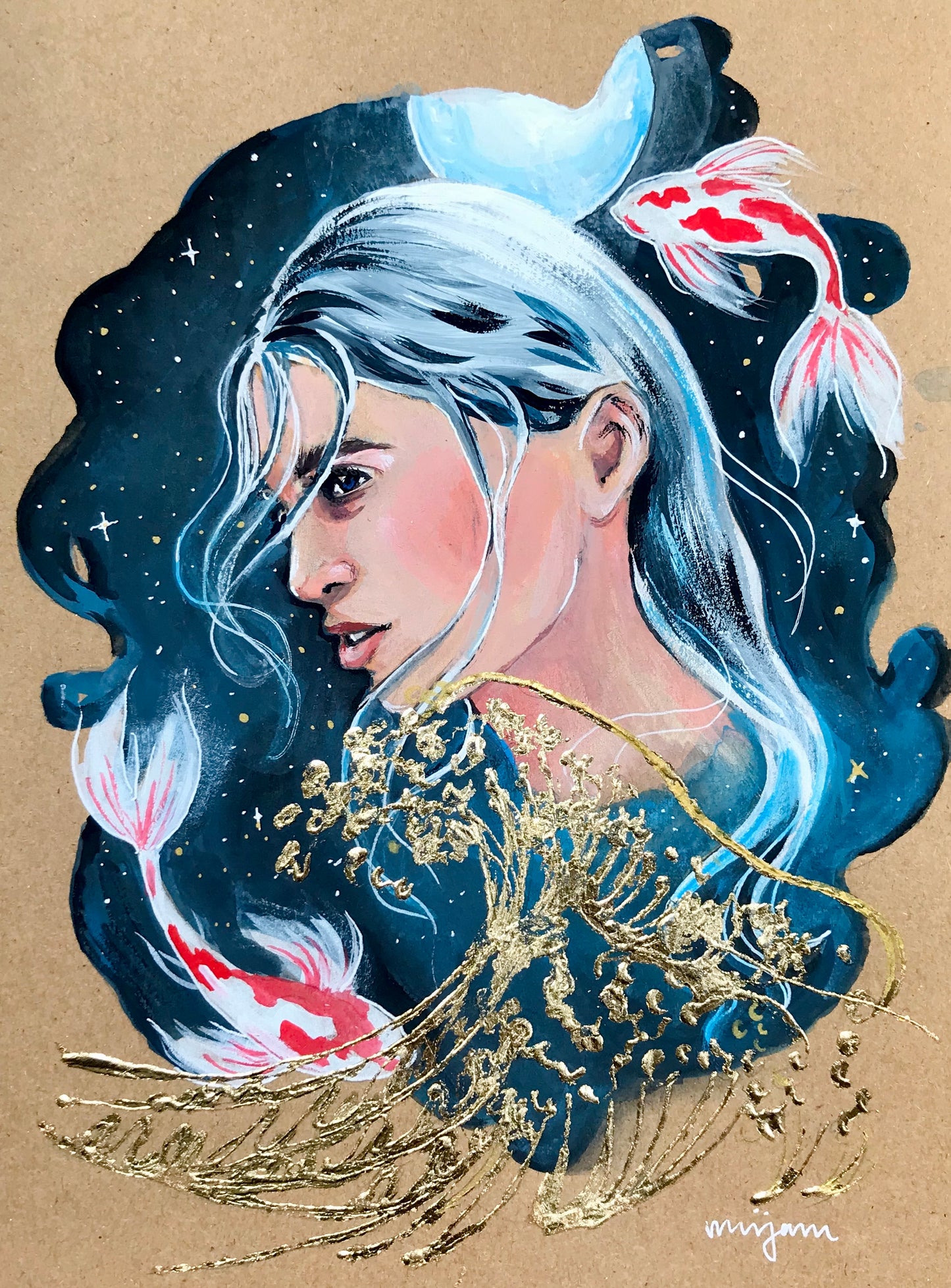 Cosmic Wave , original gouache painting of a woman, space, fish and gold embellished wave