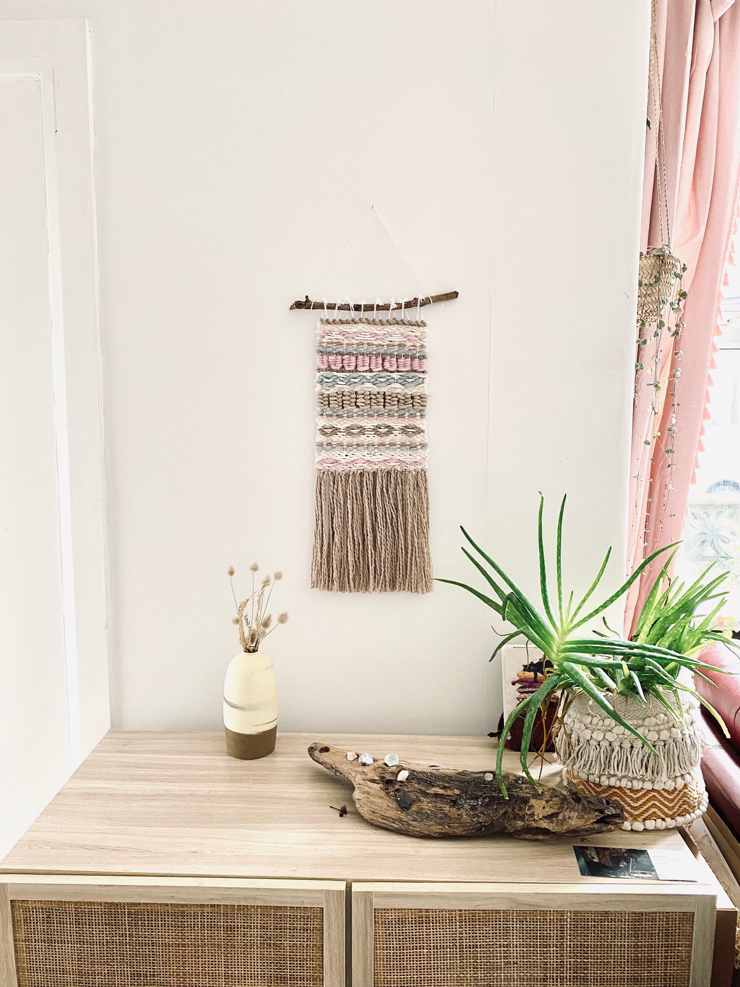 Pastel Folk , cream white blue brown pink folklore tapestry macrame wall hanging