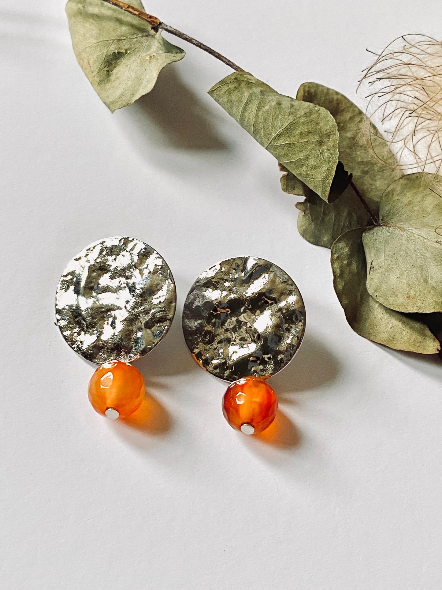 silver plated hammered ethnic disc earrings with orange Carnelian Crystal Beads