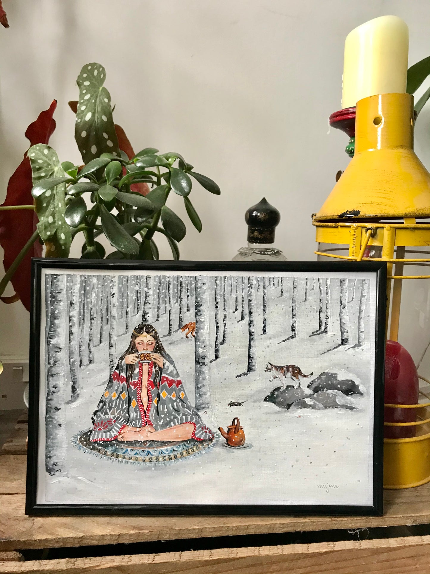 Forest Magick , Wintery forest Christmas snowy landscape original gouache painting print of a woman drinking tea in the forest with animals