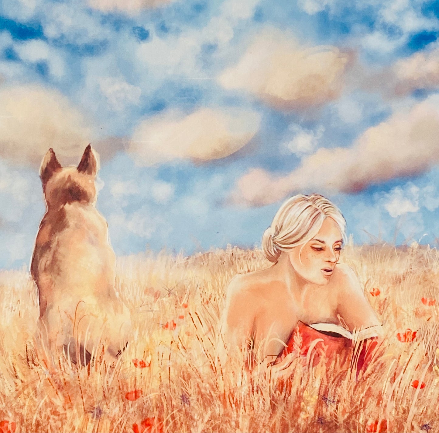 Golden Rays, folk art giclee print of a woman and a dog sunbathing in the field of poppies