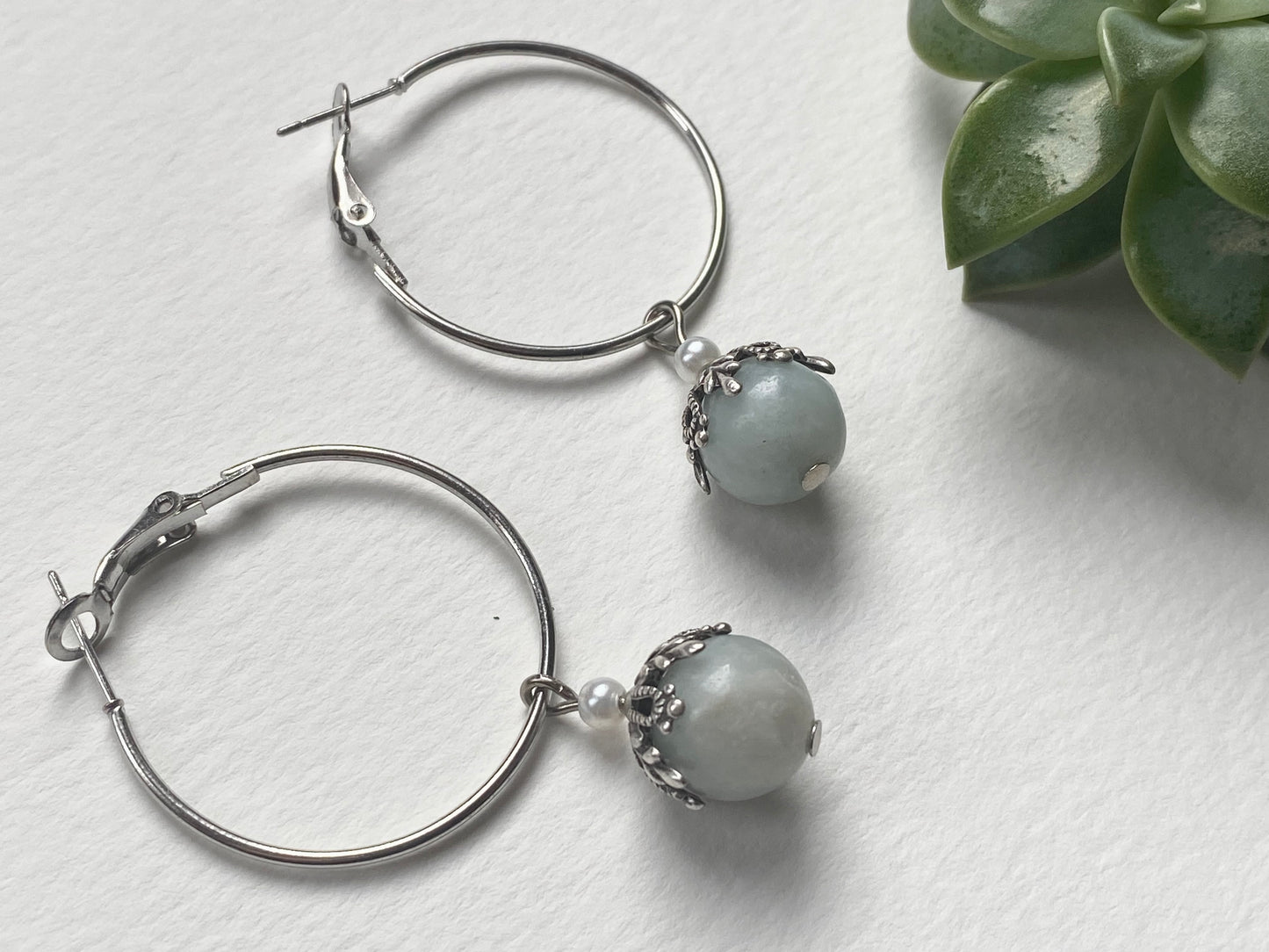 Caribbean blue turquoise calcite crystal silver hoop earrings