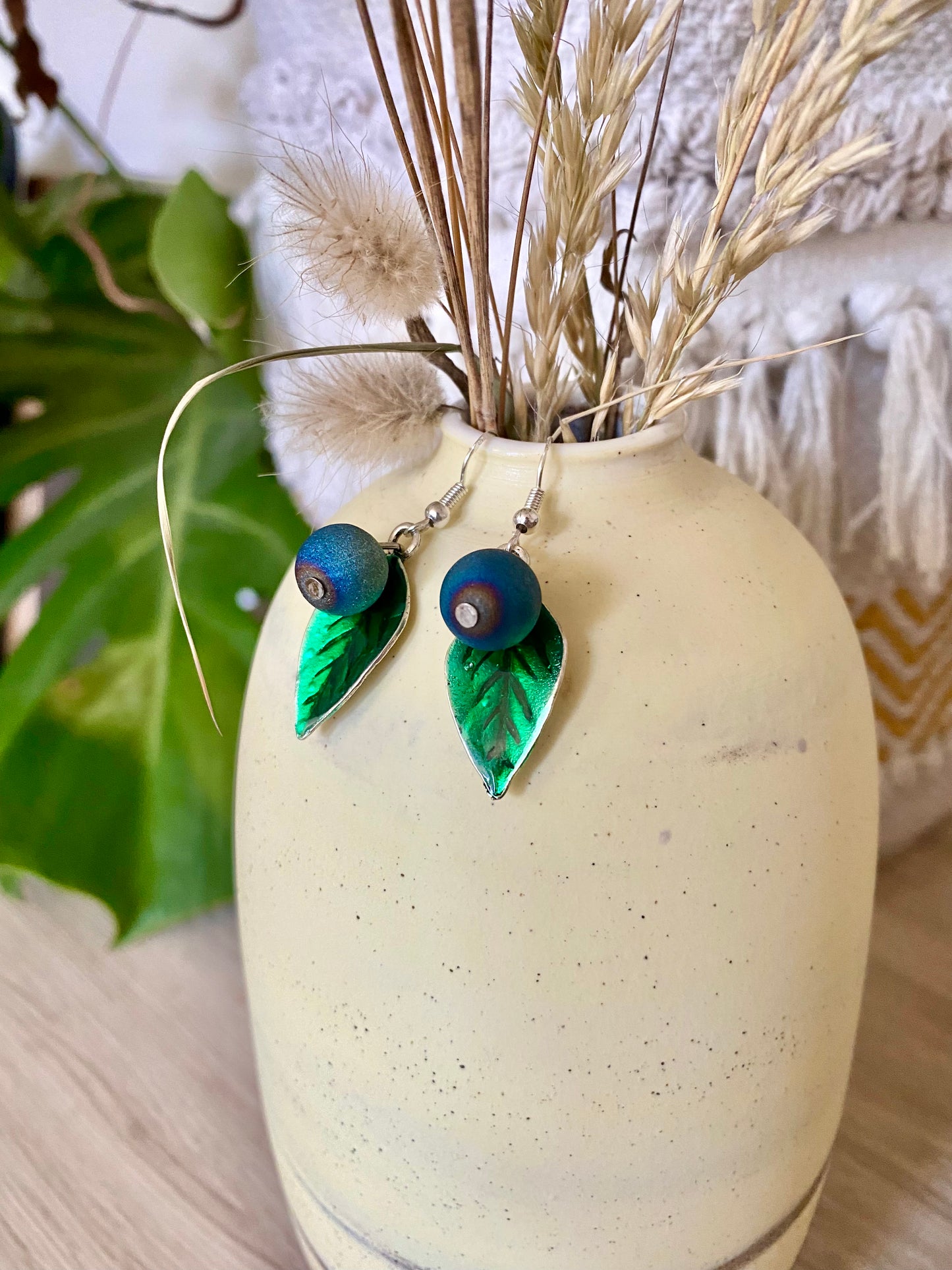 Handmade Sterling silver blueberry Druzy blue electroplated drop earrings with green leaf. Scandinavian nature inspired.