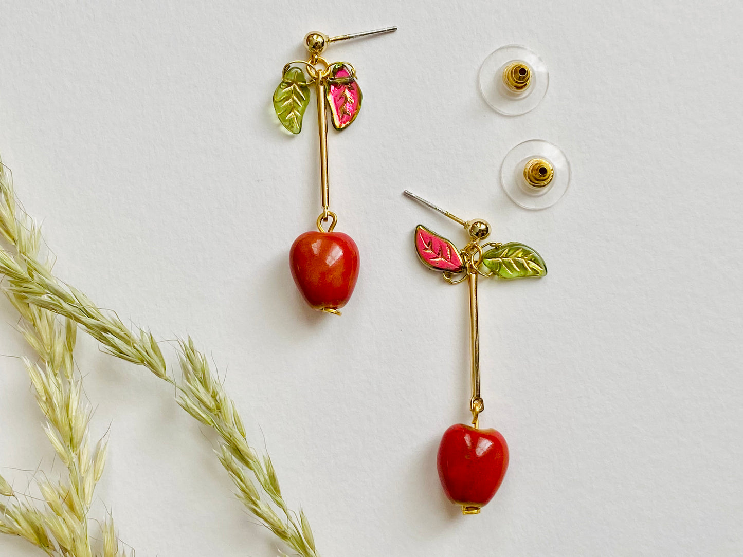 Handmade Red apple cherry fruit berry ceramic and glass drop earrings with glass leaves. Scandinavian nature inspired.