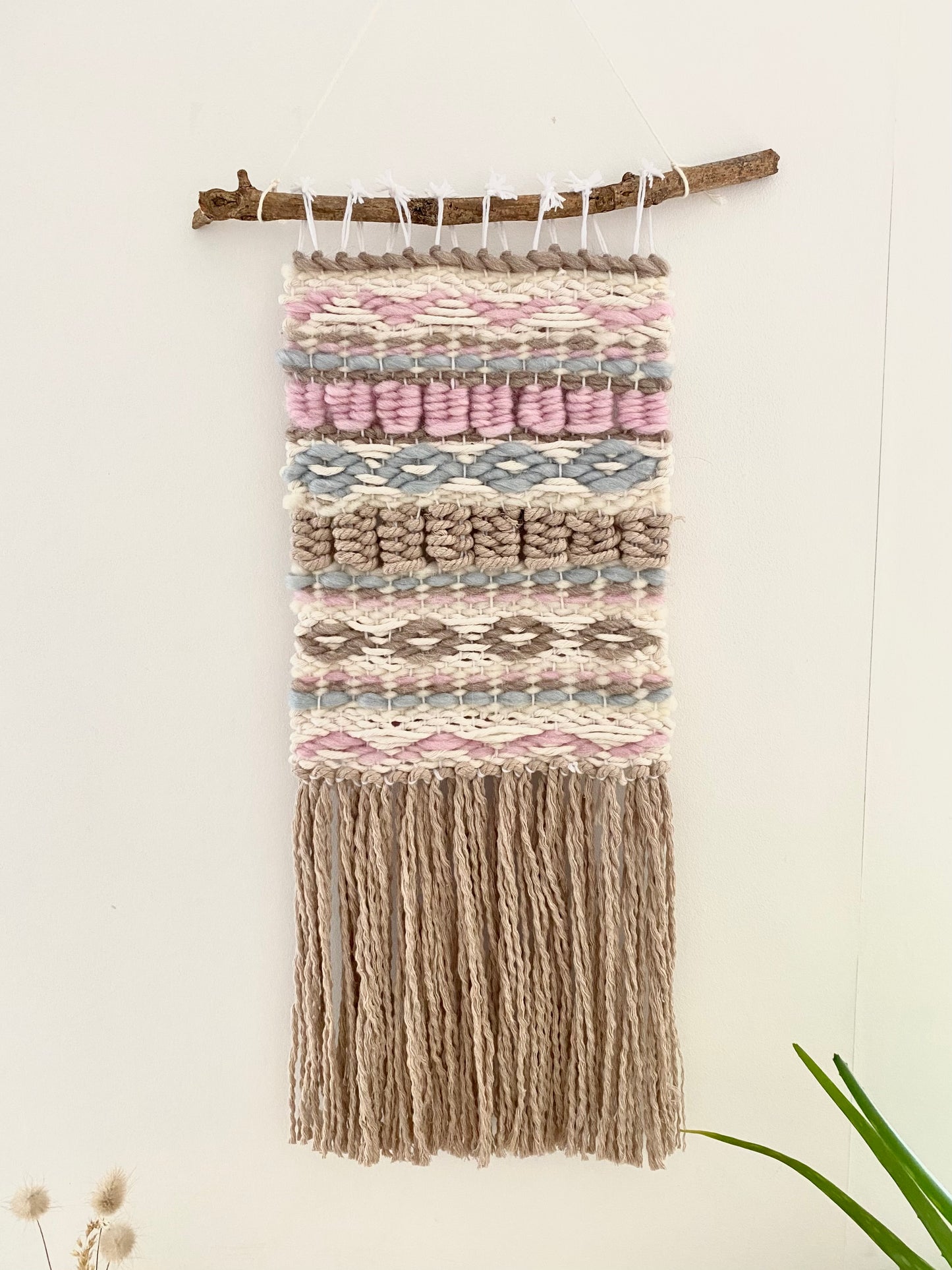 Pastel Folk , cream white blue brown pink folklore tapestry macrame wall hanging