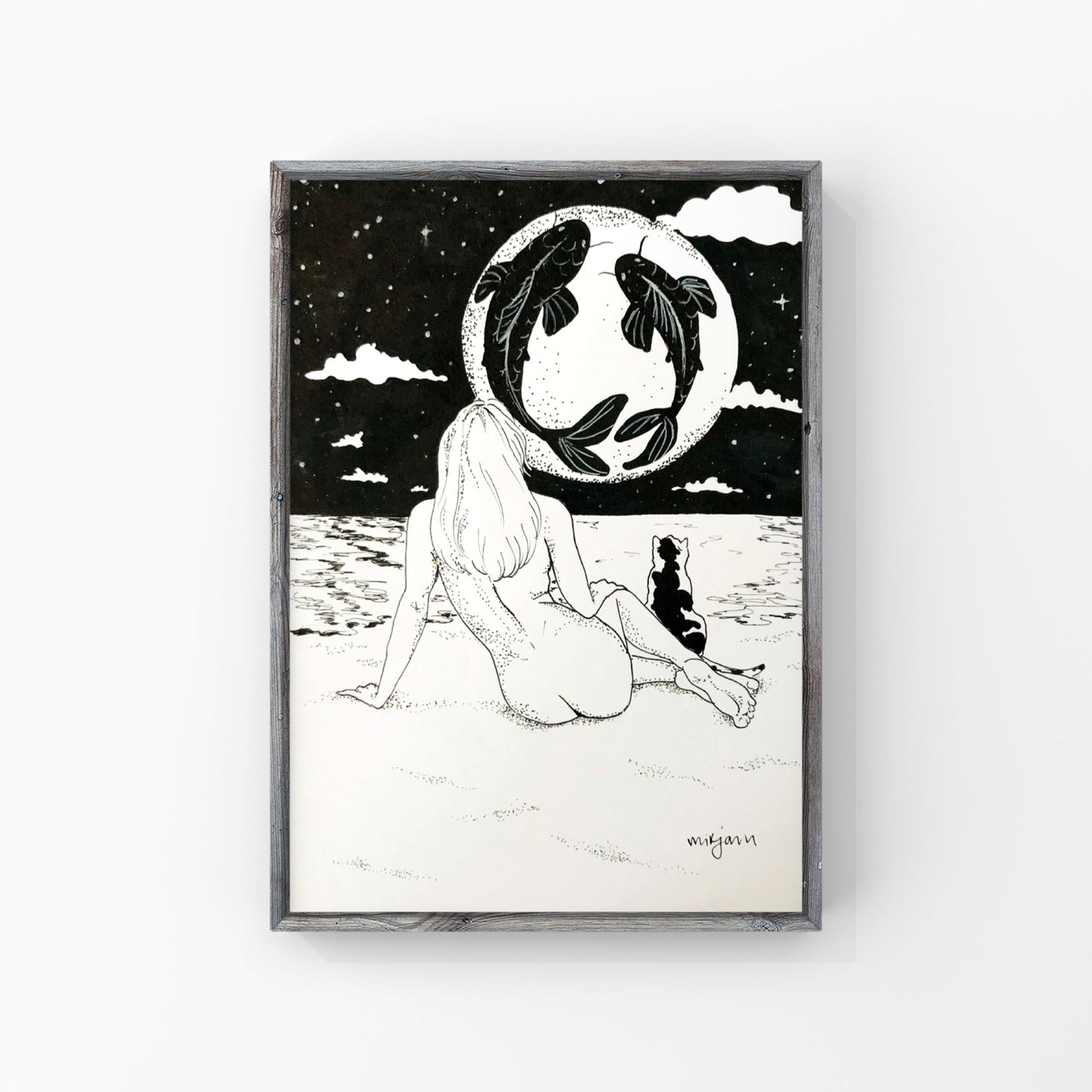 Pisces Moon -black and white print of a nude woman, cat and the moon