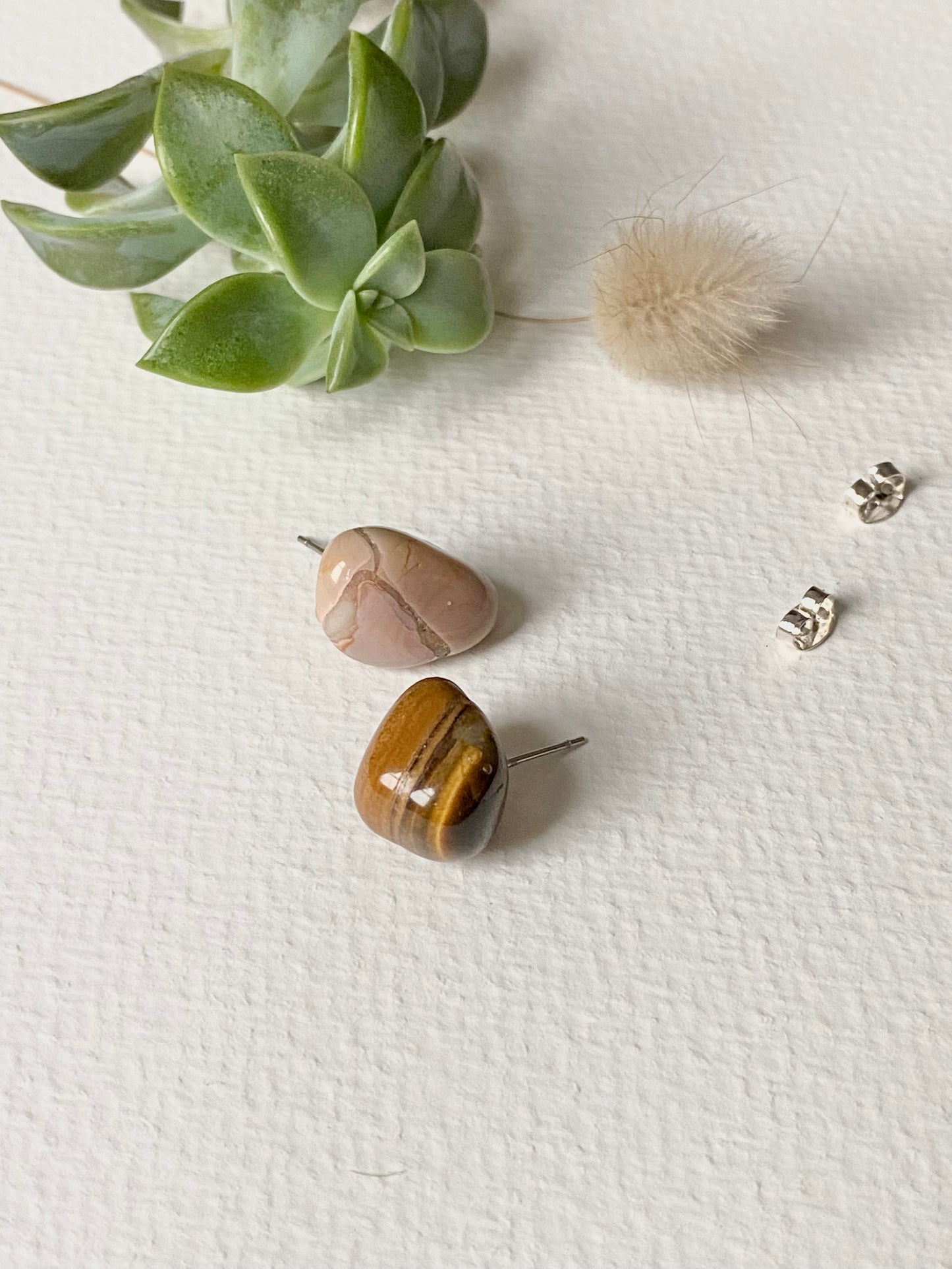 Tiger Eye and Botswana Pink Agate stud crystal ethnic quirky earrings