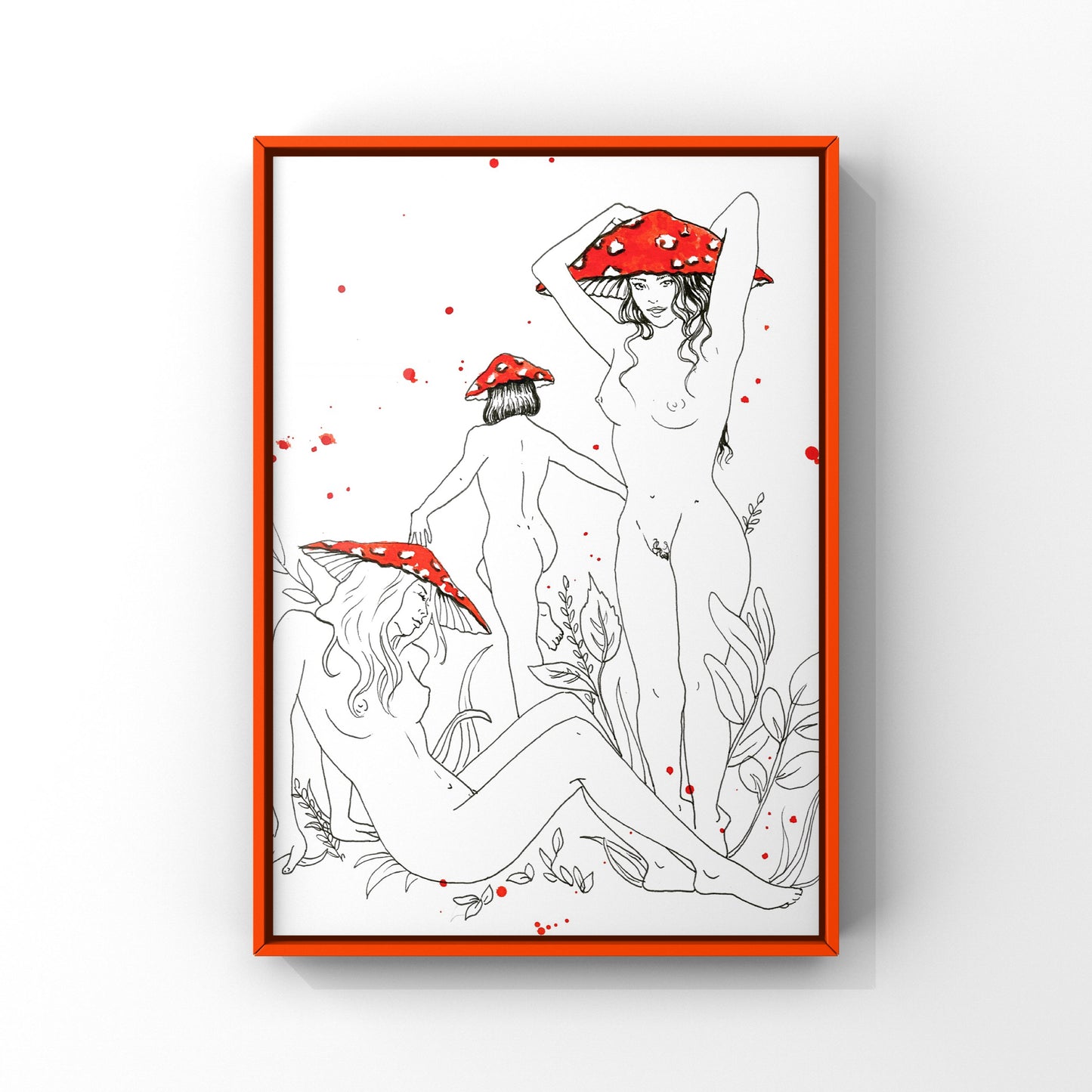 Wildlings, ink illustration print of a nude mushroom fairies