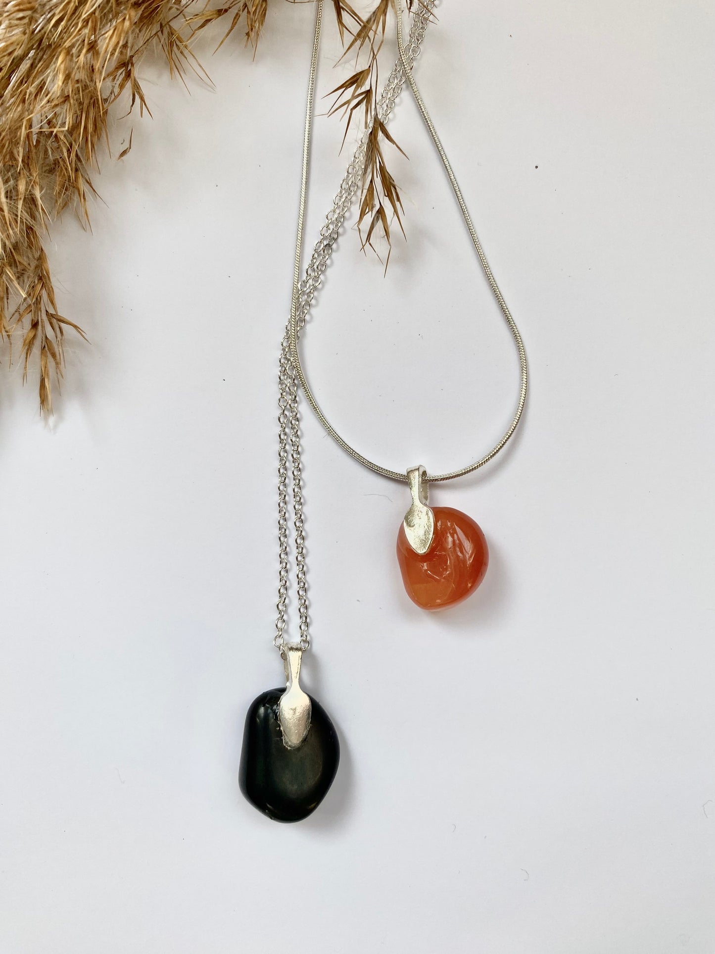 Obsidian or Carnelian Crystal pendant necklace with sterling silver chain