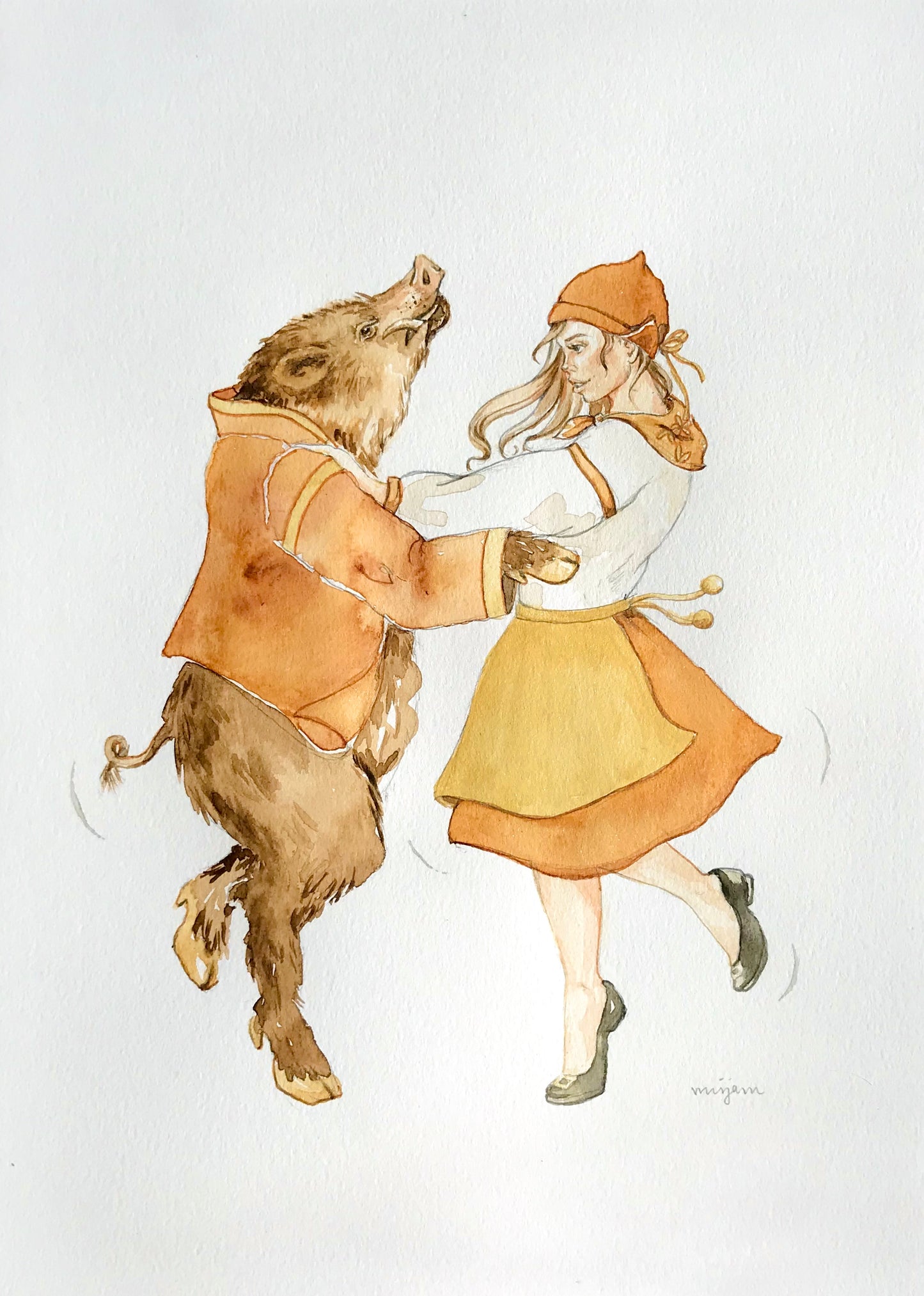 Folk Dance , folk art original Estonian painting drawing illustration print of a Wild boar and a girl dancing