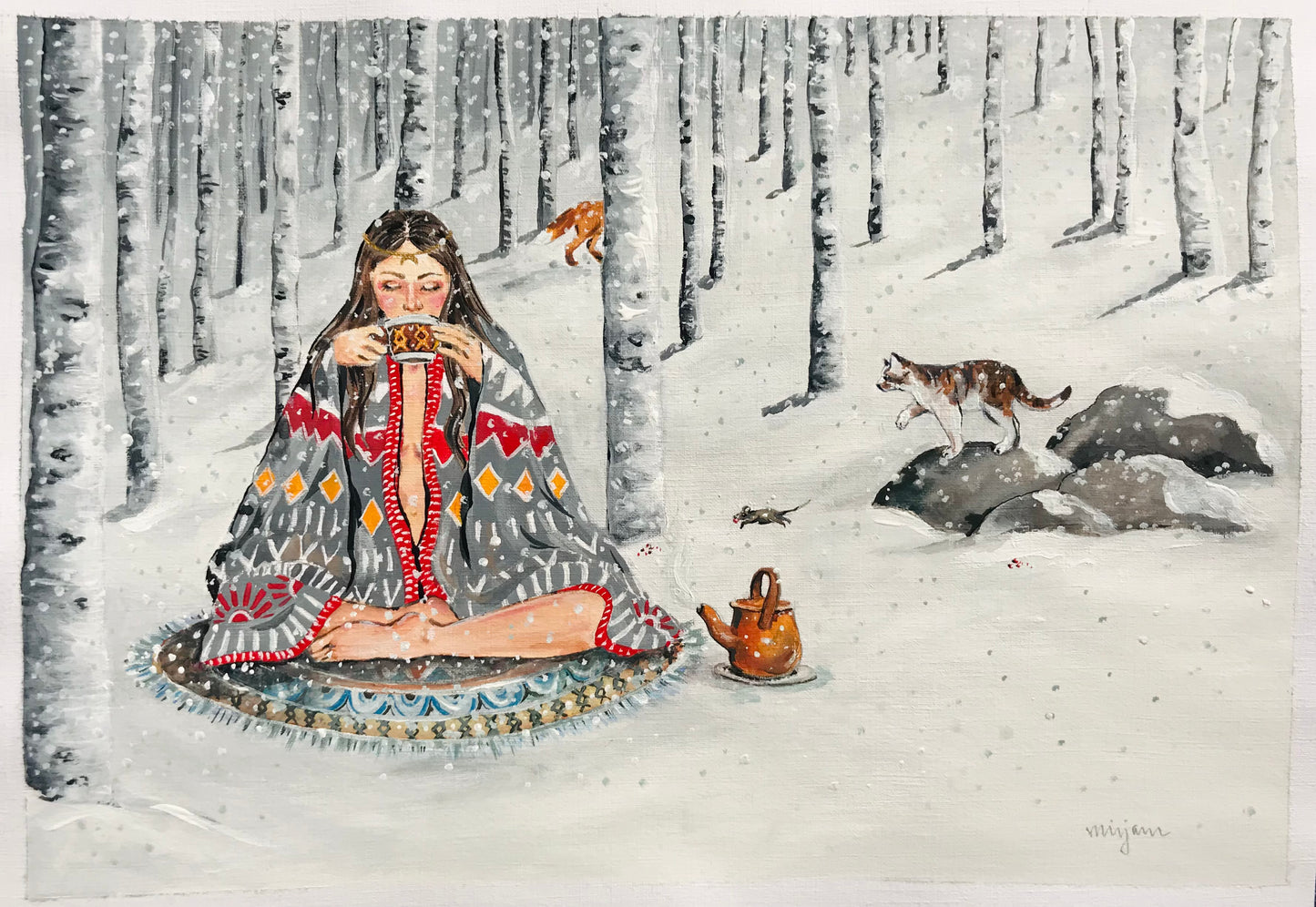 Forest Magick , Wintery forest Christmas snowy landscape original gouache painting print of a woman drinking tea in the forest with animals