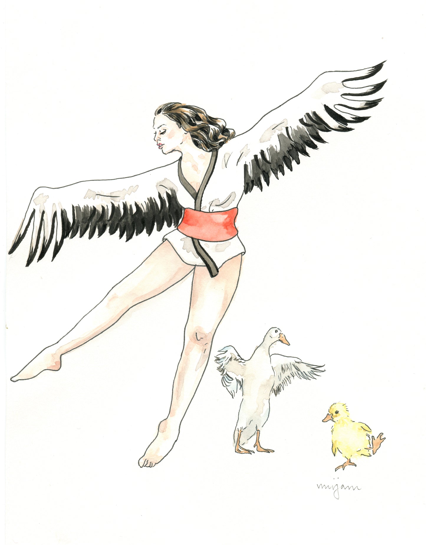 Spring Dance , original watercolour print of a dancing woman , Indian runner duck and a duckling