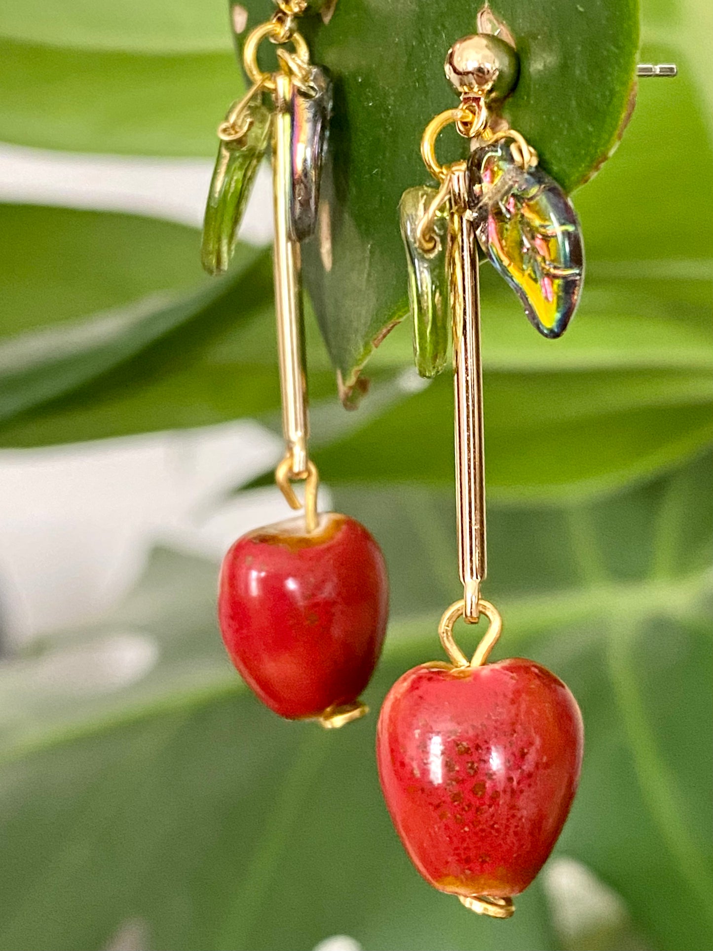 Handmade Red apple cherry fruit berry ceramic and glass drop earrings with glass leaves. Scandinavian nature inspired.