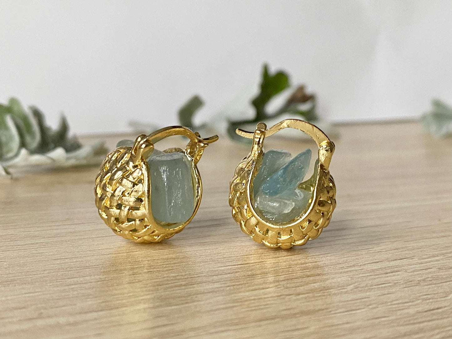 Golden woven mini basket with aquamarine earrings