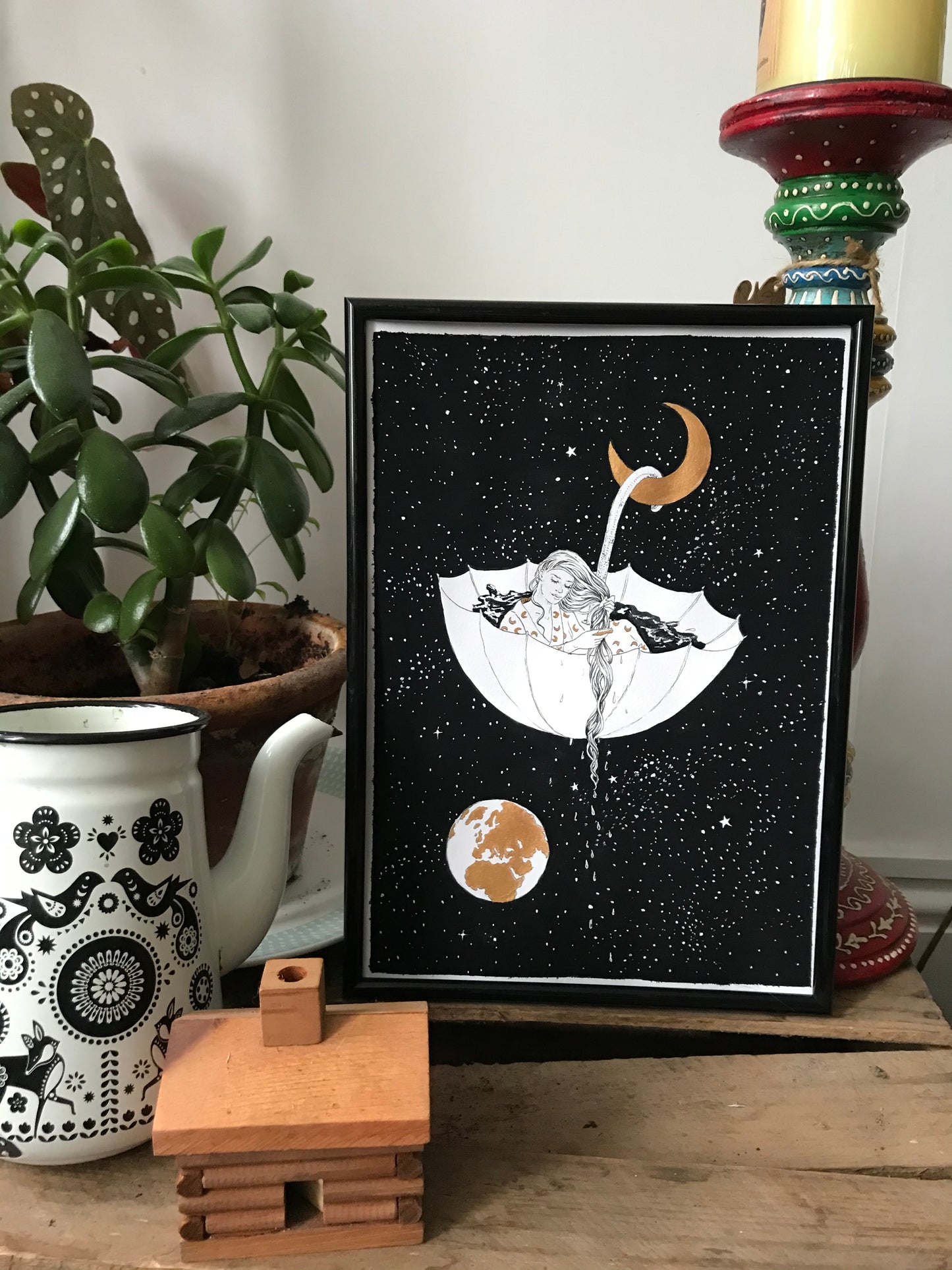 Moon Bathing - original black and white painting art ink illustration print of a beautiful woman surrounded by moon stars earth