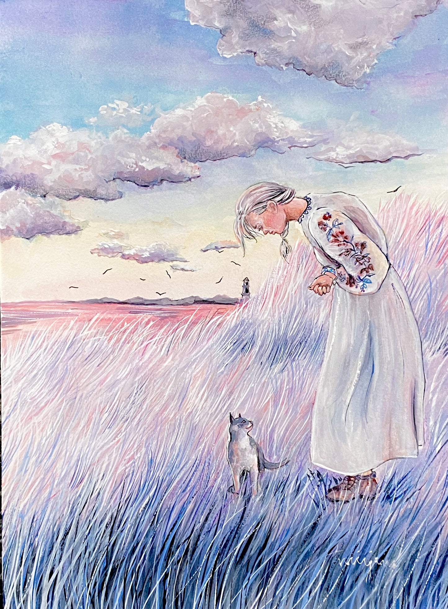 Coastal Walk - original gouache painting art illustration print of a woman and a cat walking alongside the coast