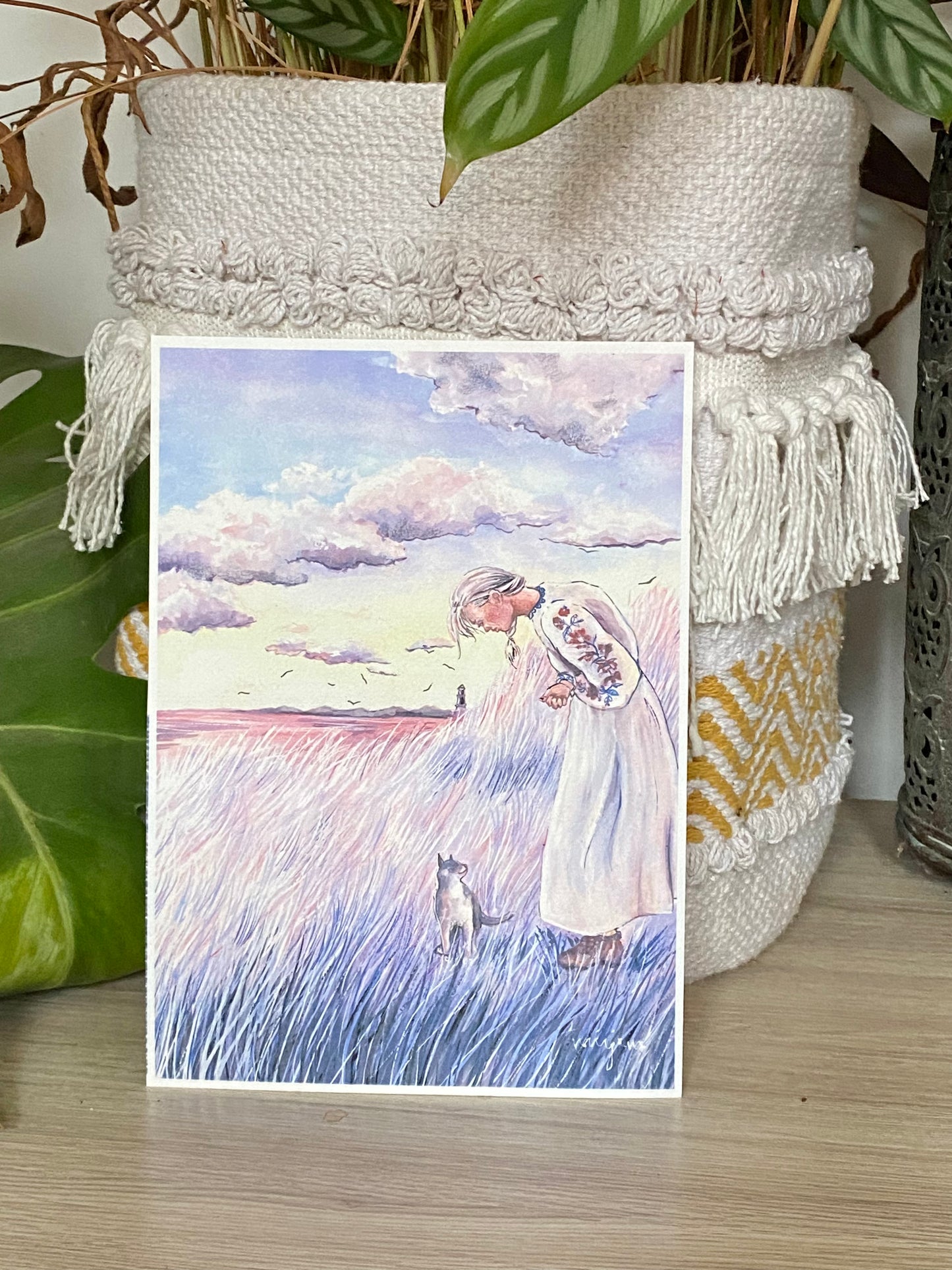 Coastal Walk - original gouache painting art illustration print of a woman and a cat walking alongside the coast