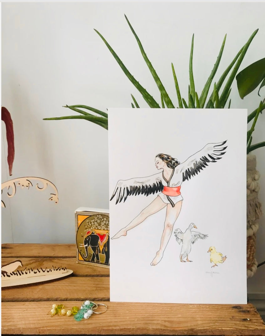 Spring Dance , original watercolour print of a dancing woman , Indian runner duck and a duckling