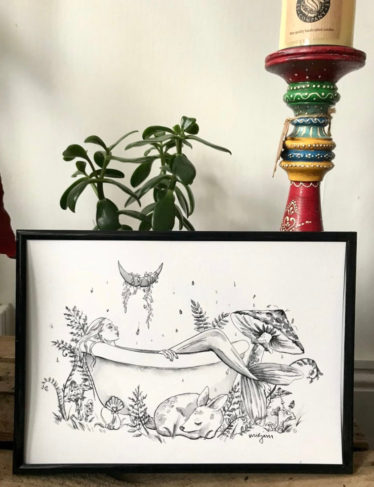 Forest Bathing- watercolour ink illustration of a mermaid and animals in the forest