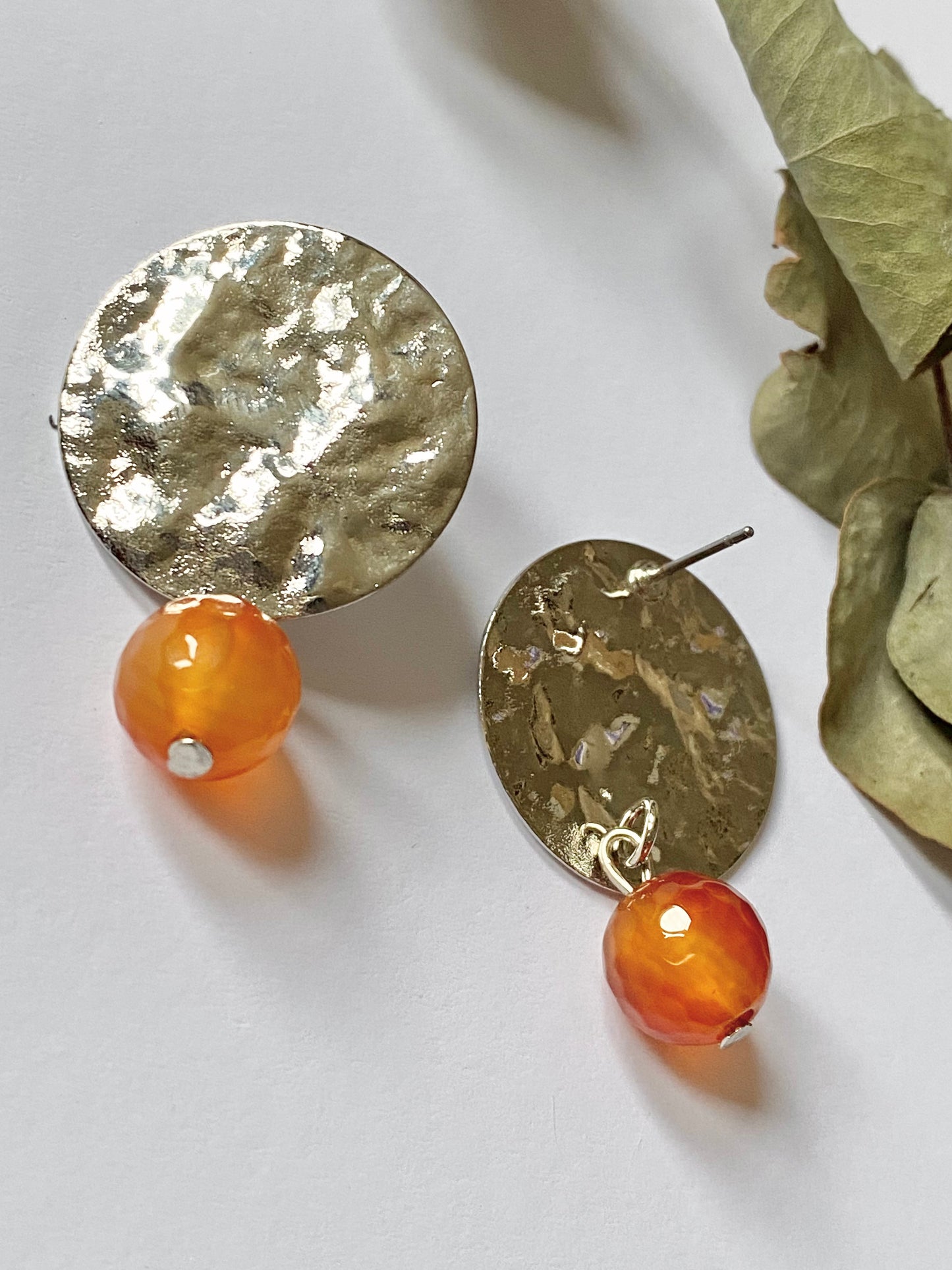 silver plated hammered ethnic disc earrings with orange Carnelian Crystal Beads