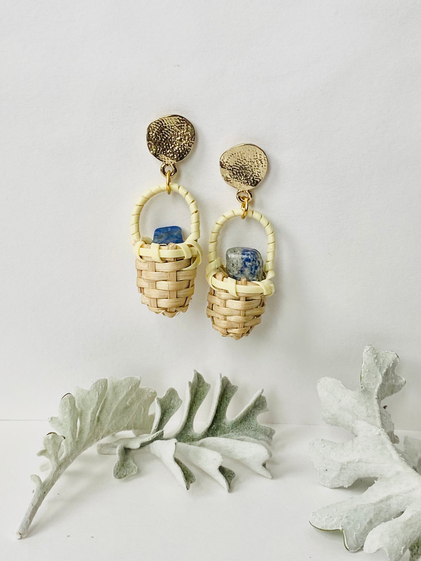 Woven rattan mini basket blue lapis lazuli quirky earrings