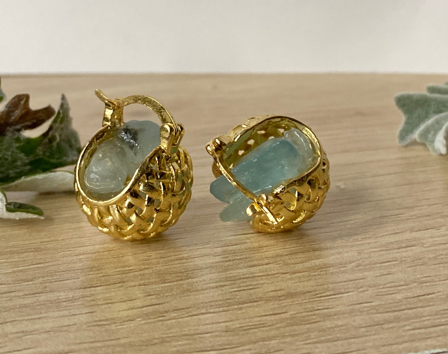 Golden woven mini basket with aquamarine earrings