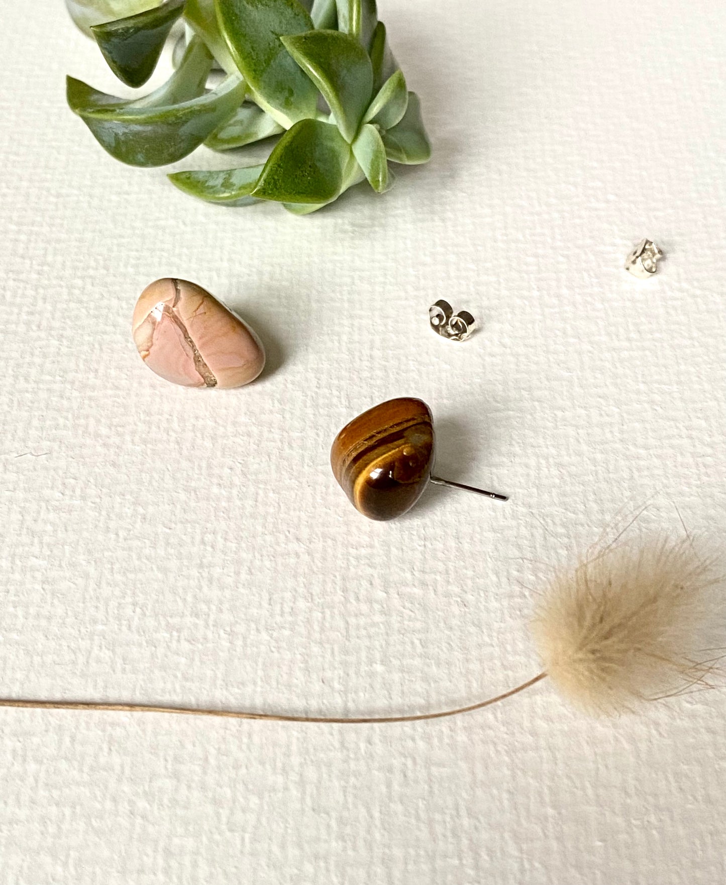 Tiger Eye and Botswana Pink Agate stud crystal ethnic quirky earrings