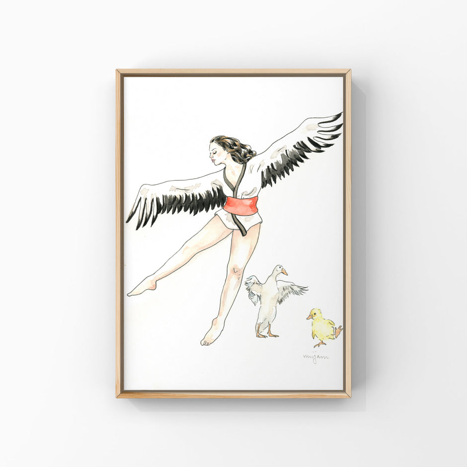 Spring Dance , original watercolour print of a dancing woman , Indian runner duck and a duckling