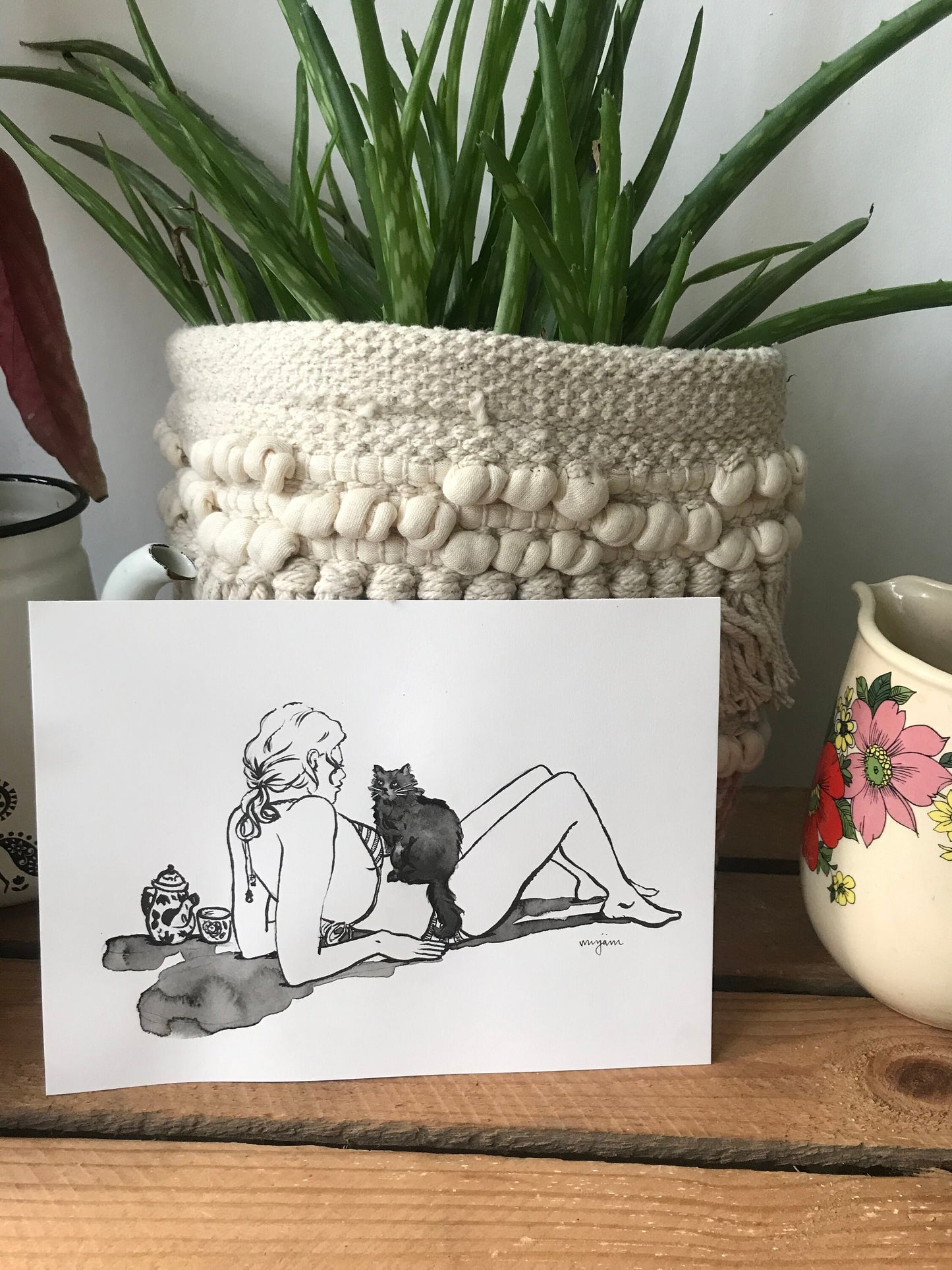 Sunbathing - ink illustration watercolour watercolor black and white painting print of a cat and a woman